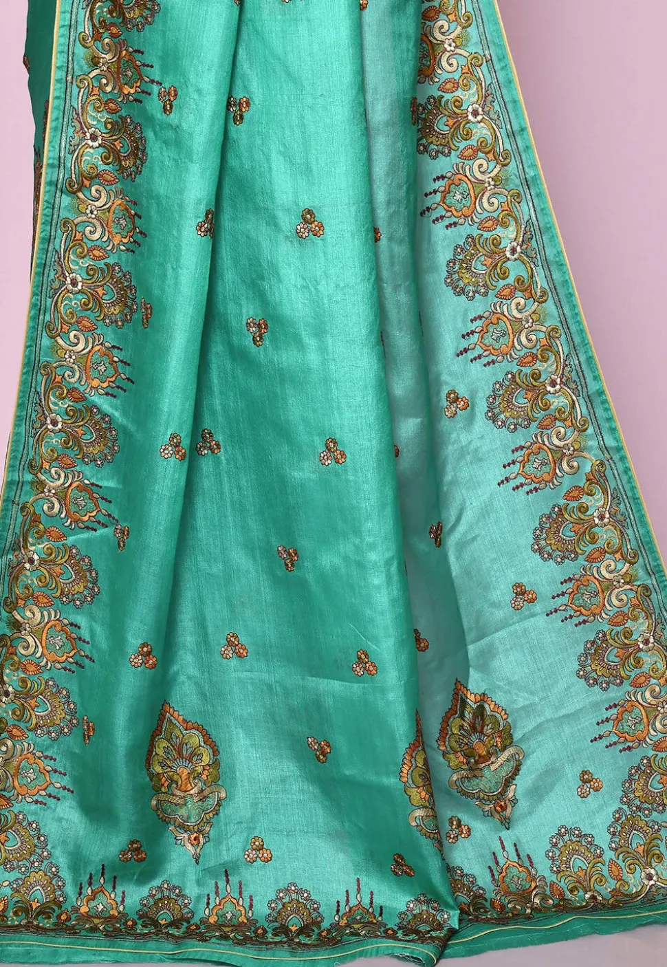 Pure Silk Embroidered Saree in Teal Green