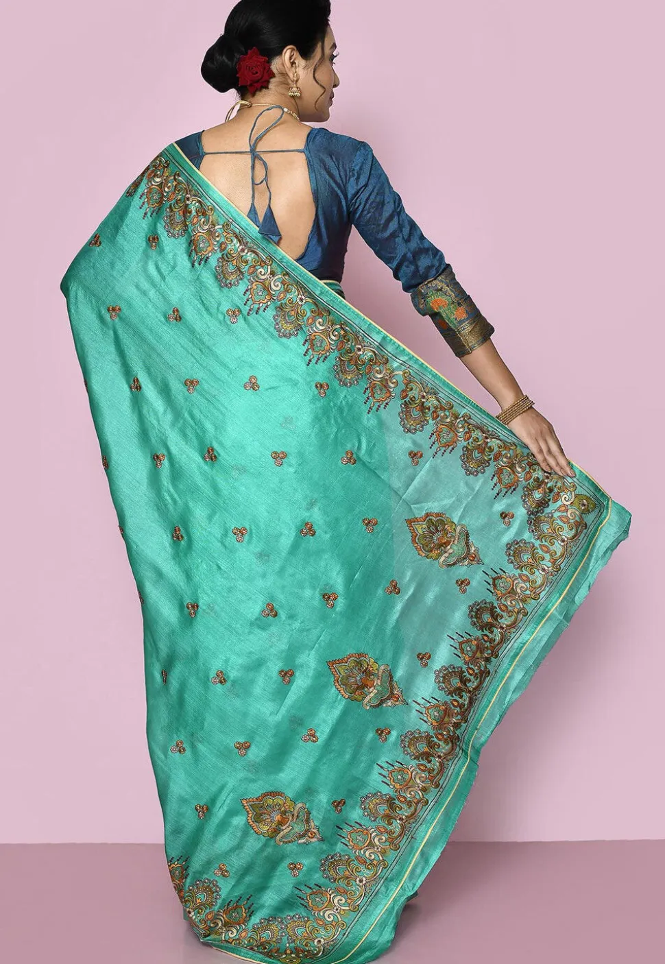 Pure Silk Embroidered Saree in Teal Green