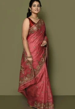 Pure Silk Embroidered Saree in Coral Pink
