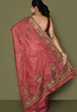 Pure Silk Embroidered Saree in Coral Pink