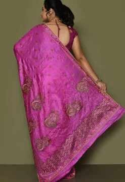 Pure Silk Embroidered Saree in Magenta