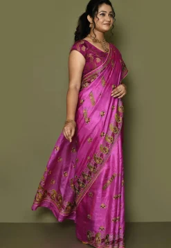 Pure Silk Embroidered Saree in Magenta
