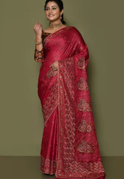 Pure Silk Embroidered Saree in Coral Red