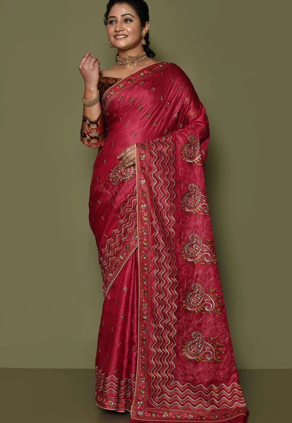 Pure Silk Embroidered Saree in Coral Red
