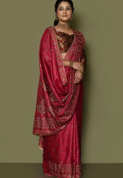 Pure Silk Embroidered Saree in Coral Red