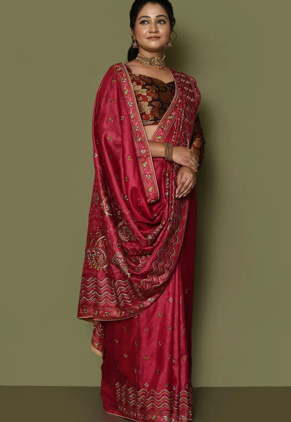 Pure Silk Embroidered Saree in Coral Red