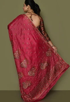Pure Silk Embroidered Saree in Coral Red
