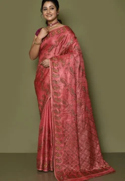 Pure Silk Embroidered Saree in Coral Pink