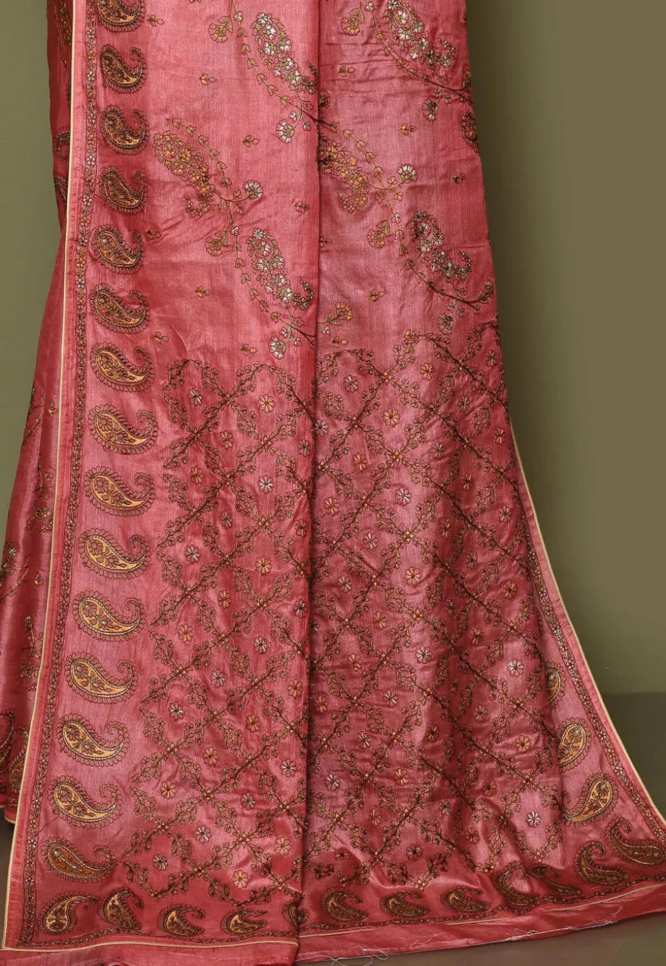 Pure Silk Embroidered Saree in Coral Pink