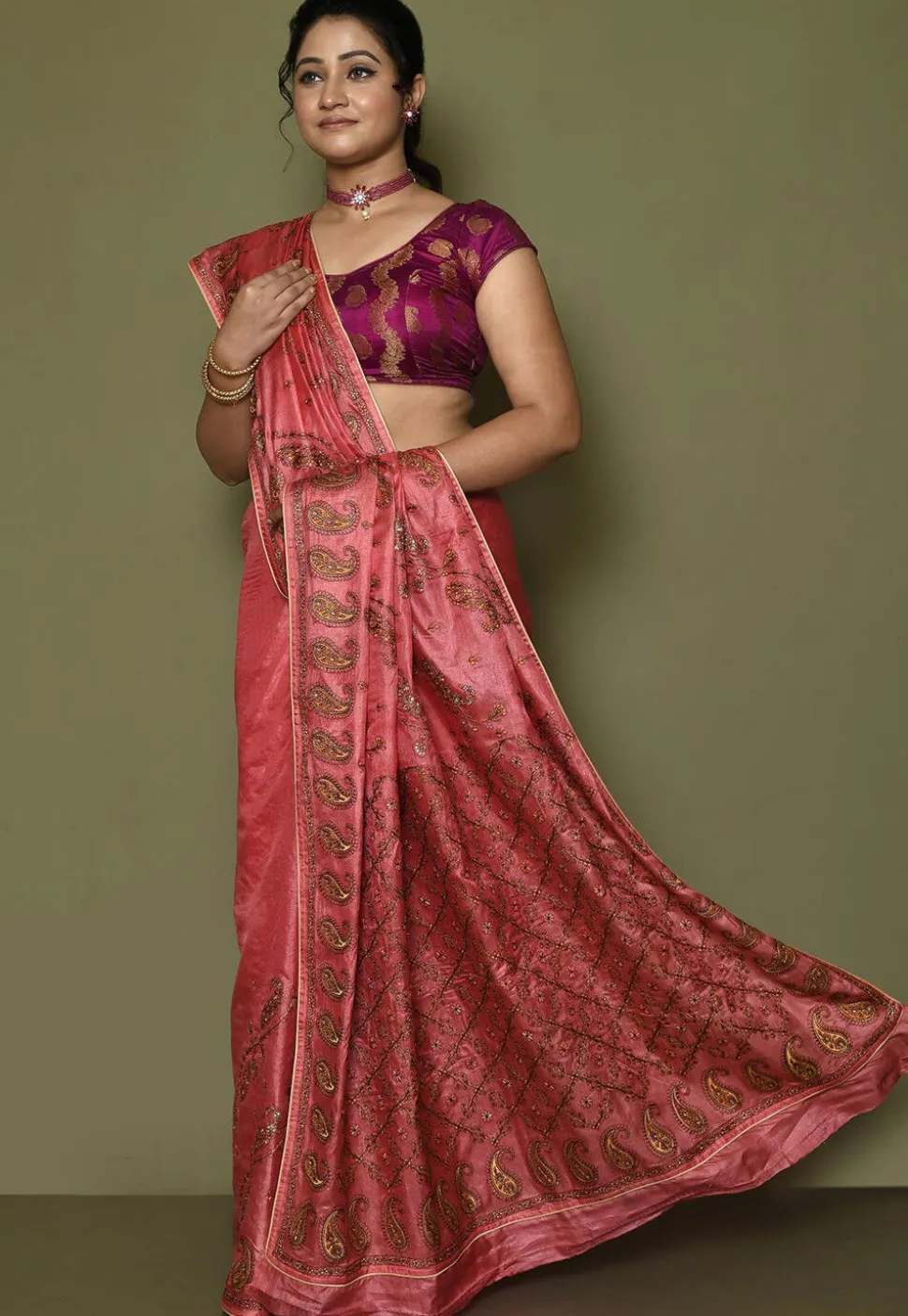 Pure Silk Embroidered Saree in Coral Pink