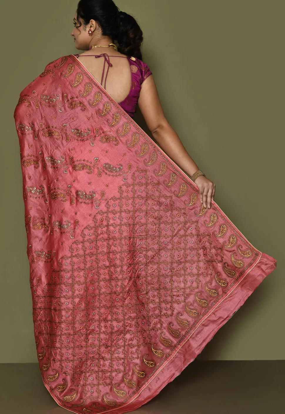 Pure Silk Embroidered Saree in Coral Pink