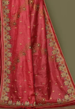 Pure Silk Embroidered Saree in Coral Red