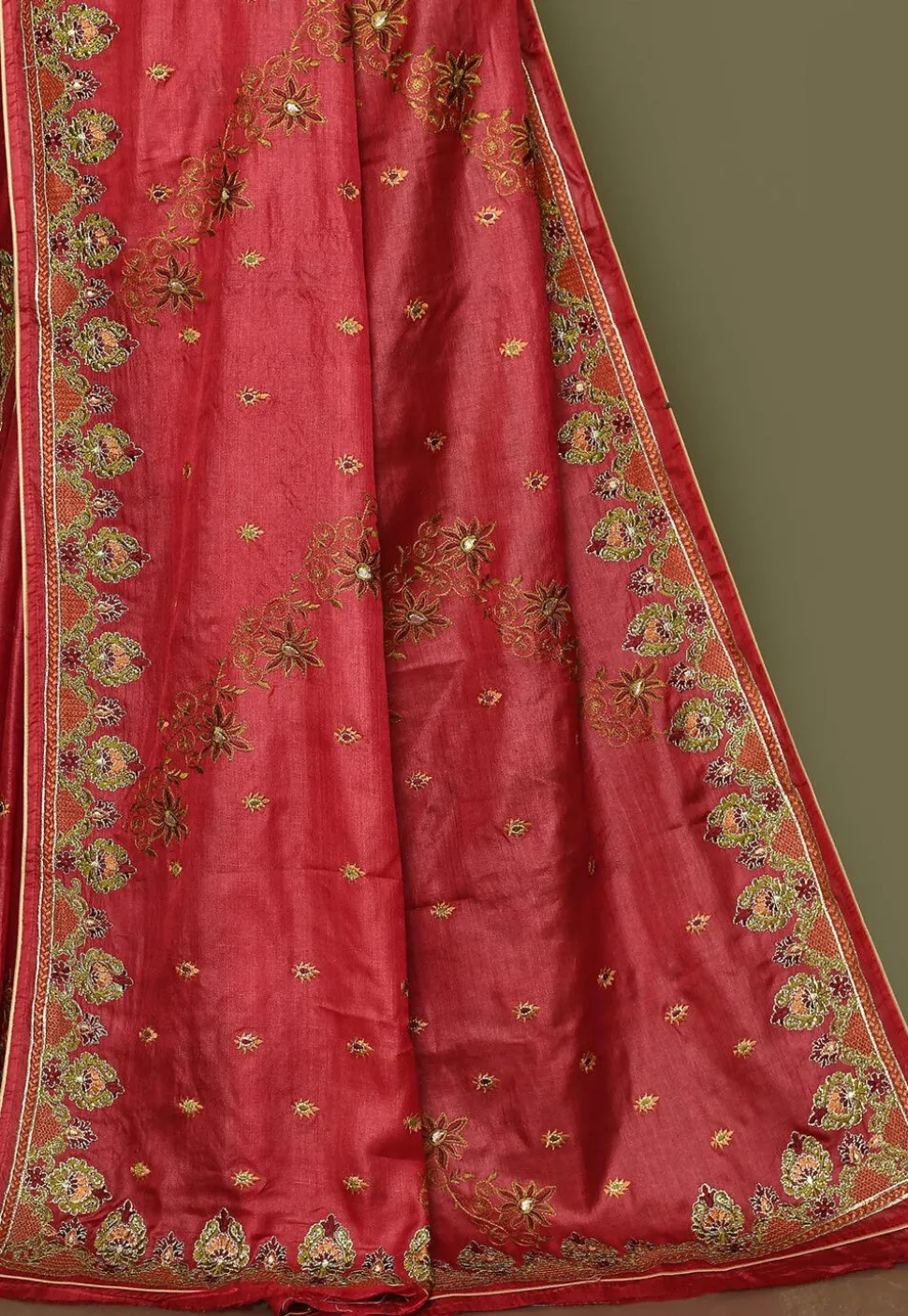 Pure Silk Embroidered Saree in Coral Red