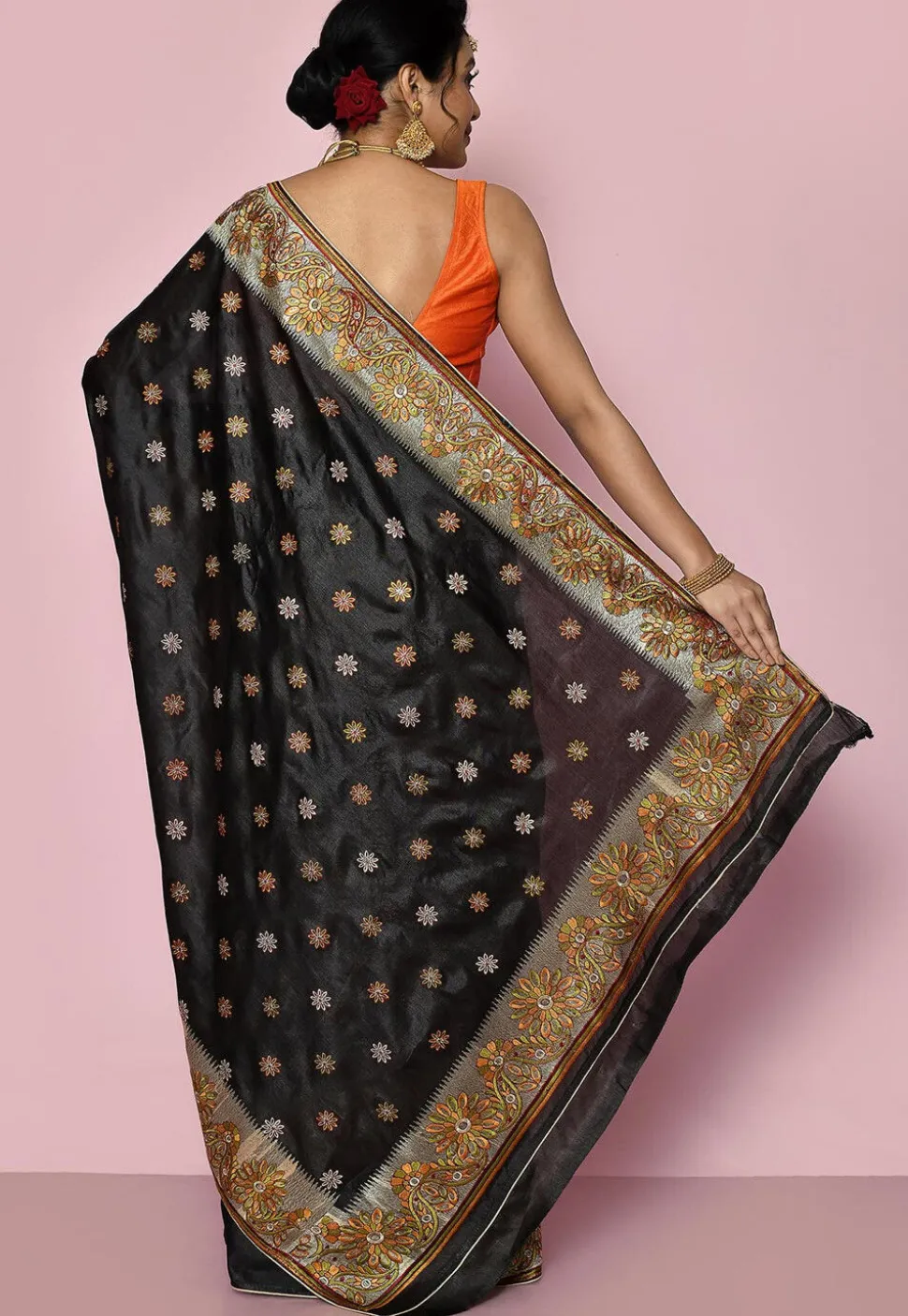Pure Silk Embroidered Saree in Black