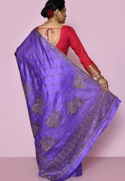 Pure Silk Embroidered Saree in Purple