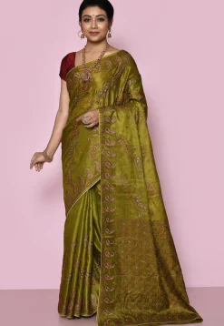 Pure Silk Embroidered Saree in Olive Green