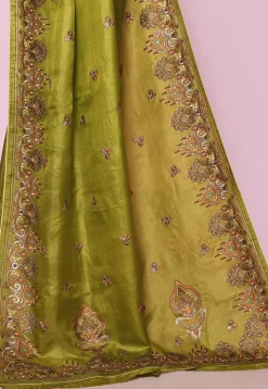 Pure Silk Embroidered Saree in Olive Green