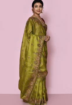 Pure Silk Embroidered Saree in Olive Green