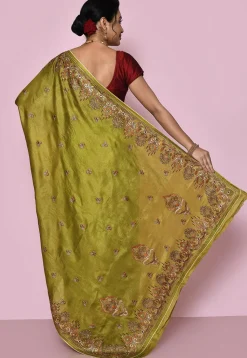 Pure Silk Embroidered Saree in Olive Green