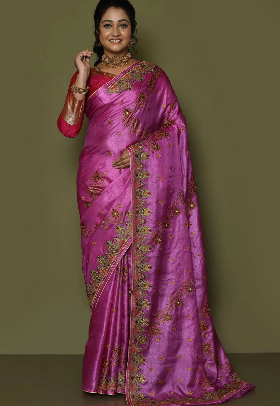 Pure Silk Embroidered Saree in Magenta