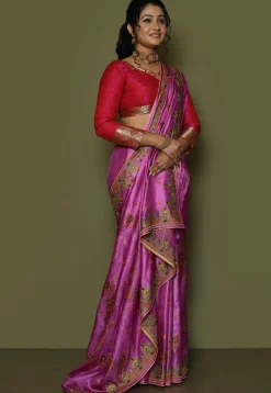 Pure Silk Embroidered Saree in Magenta