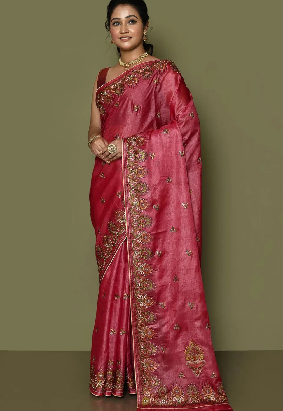 Pure Silk Embroidered Saree in Coral Red