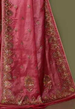 Pure Silk Embroidered Saree in Coral Red