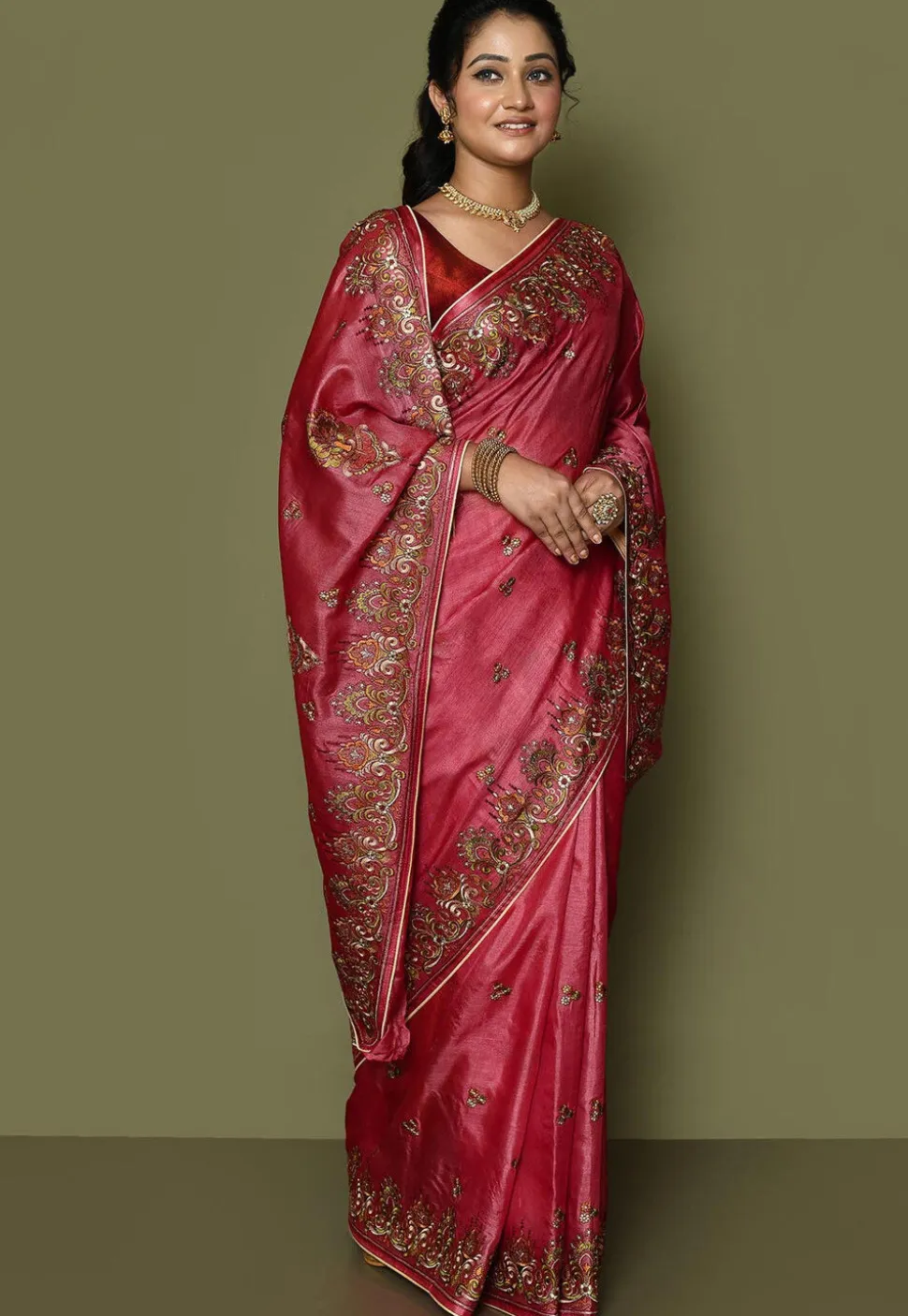 Pure Silk Embroidered Saree in Coral Red