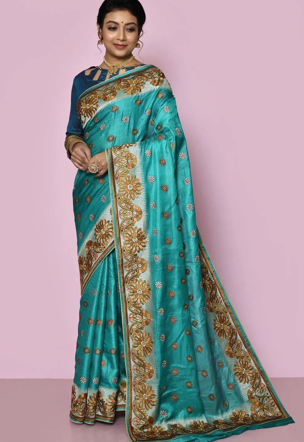 Pure Silk Embroidered Saree in Teal Blue