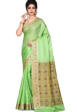 Pure Tussar Silk Banarasi Saree in Light Green