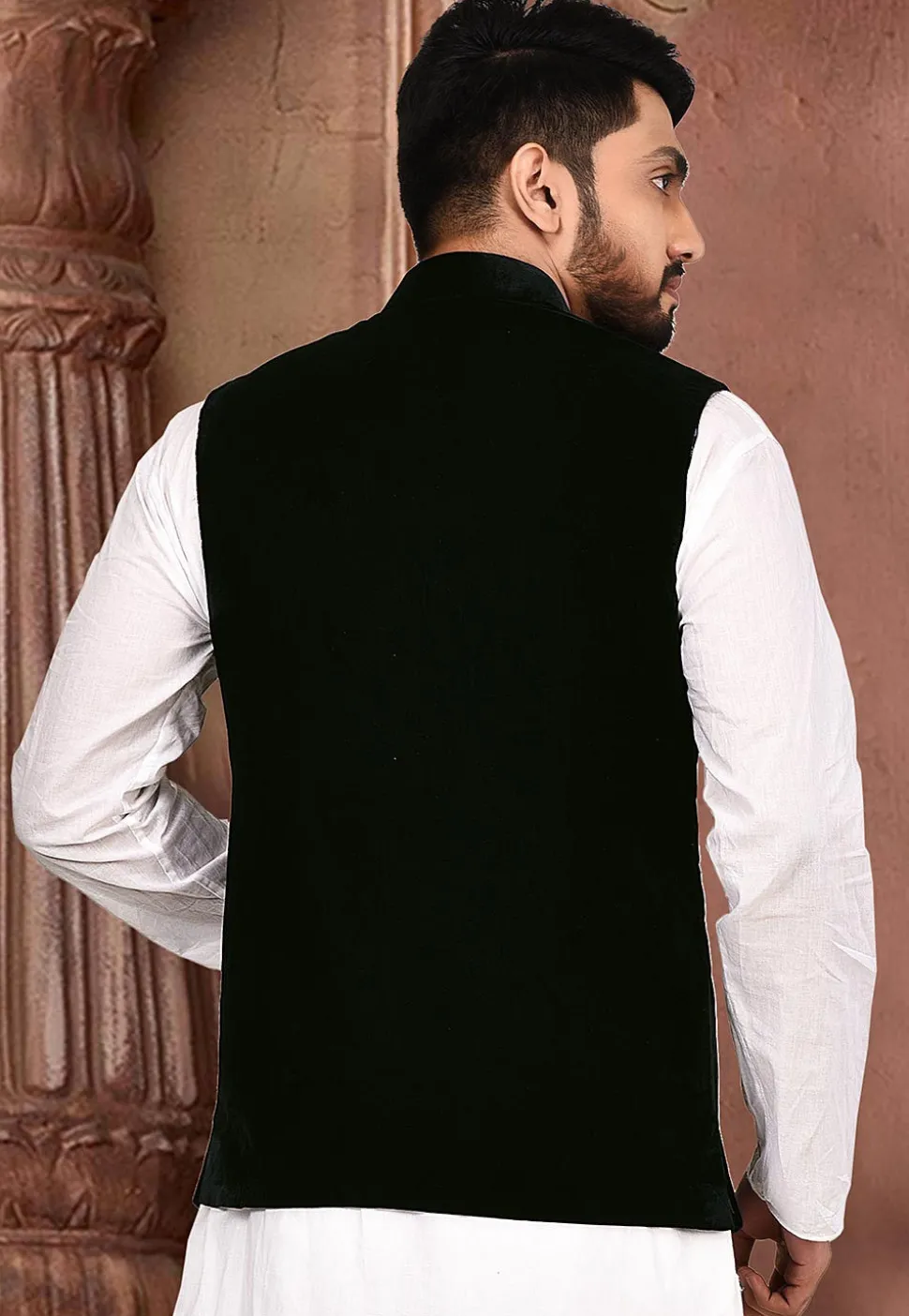 Quilted Velvet Nehru Jacket in Dark Blue