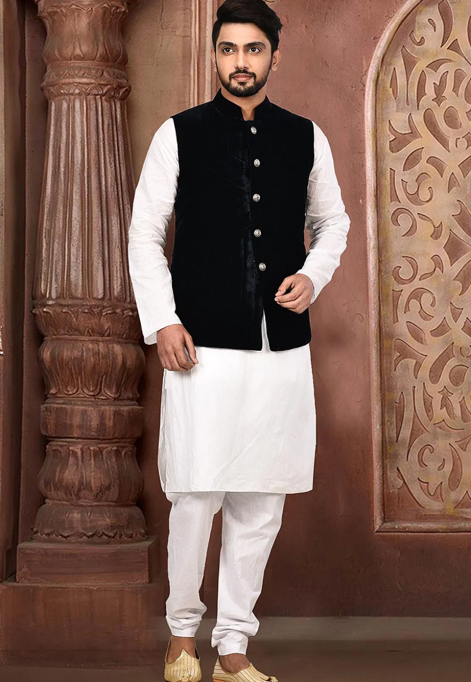 Quilted Velvet Nehru Jacket in Dark Blue