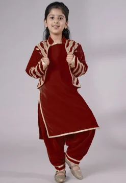 Readymade Embroidered Velvet Straight Kurta Set in Maroon