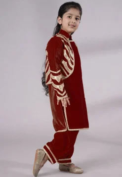 Readymade Embroidered Velvet Straight Kurta Set in Maroon