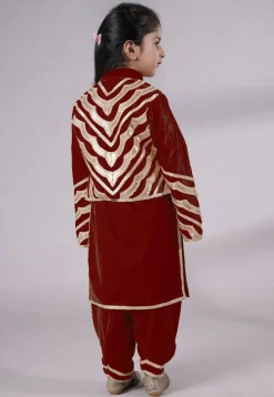 Readymade Embroidered Velvet Straight Kurta Set in Maroon