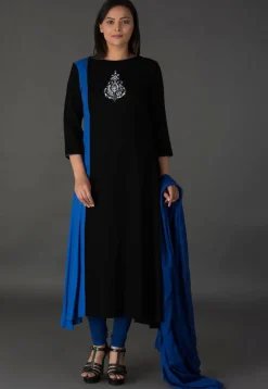Resham Rayon Slub A Line Suit in Black and Blue