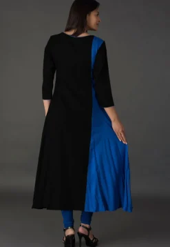 Resham Rayon Slub A Line Suit in Black and Blue
