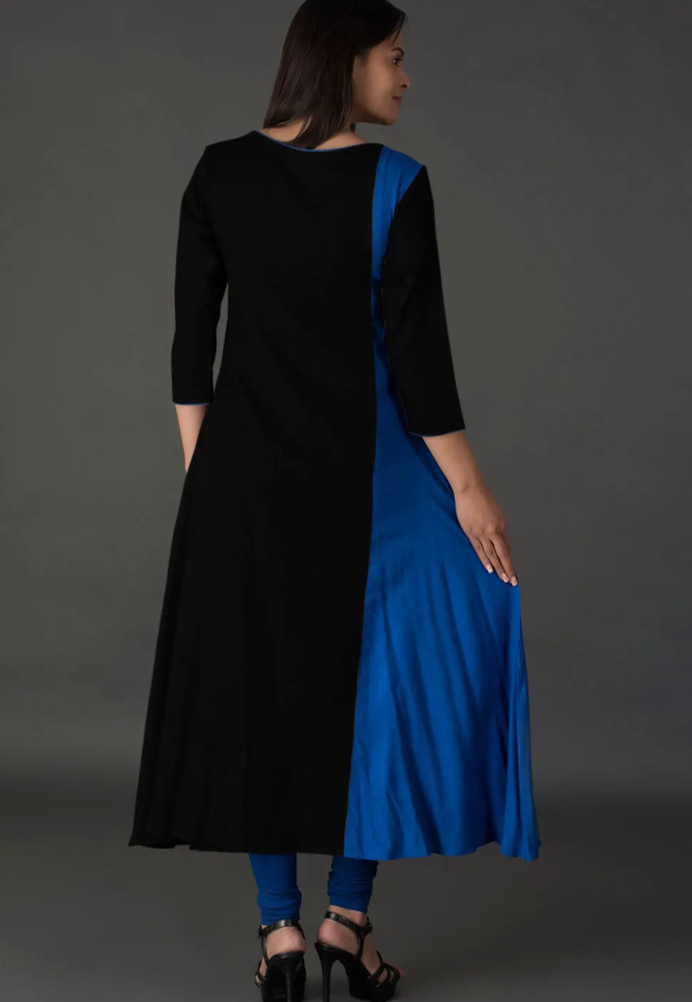 Resham Rayon Slub A Line Suit in Black and Blue