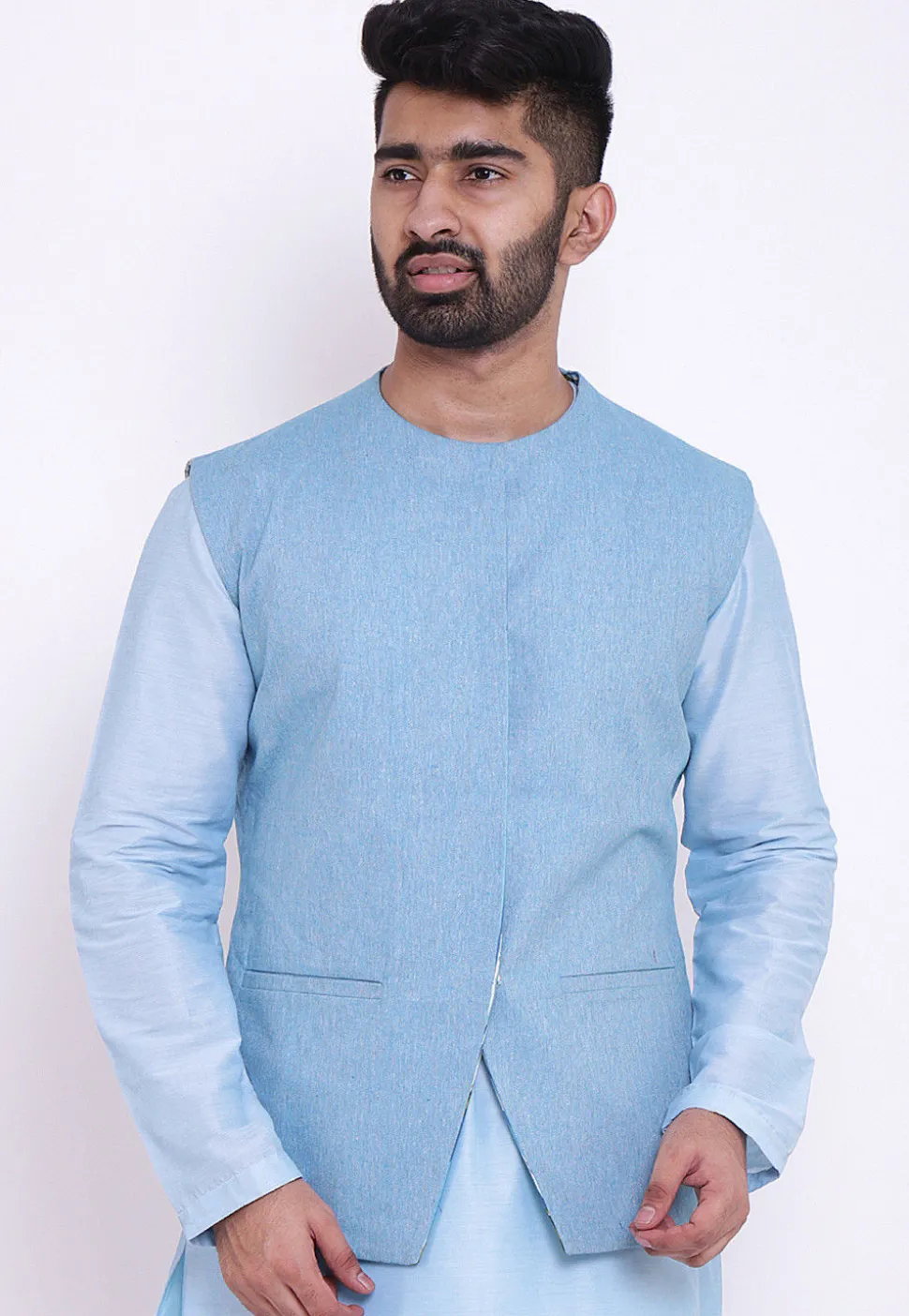Reversible Linen Cotton Nehru Jacket in Sky Blue