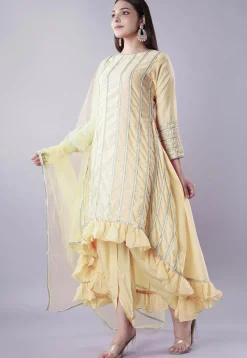 Ruffled Art Silk Asymmetric Punjabi Suit in Light Yellow