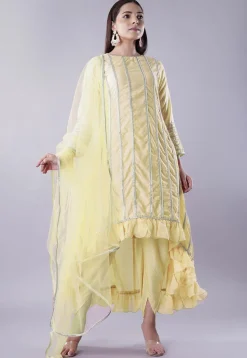 Ruffled Art Silk Asymmetric Punjabi Suit in Light Yellow