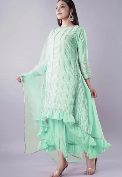 Ruffled Art Silk Asymmetric Punjabi Suit in Pastel Green