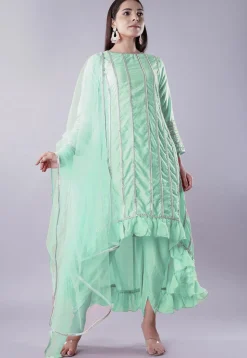 Ruffled Art Silk Asymmetric Punjabi Suit in Pastel Green