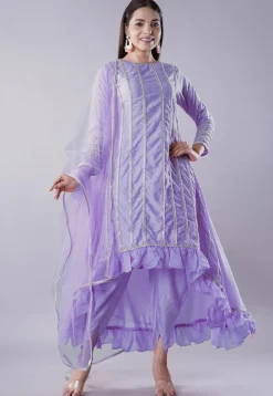 Ruffled Art Silk Asymmetric Punjabi Suit in Light Purple