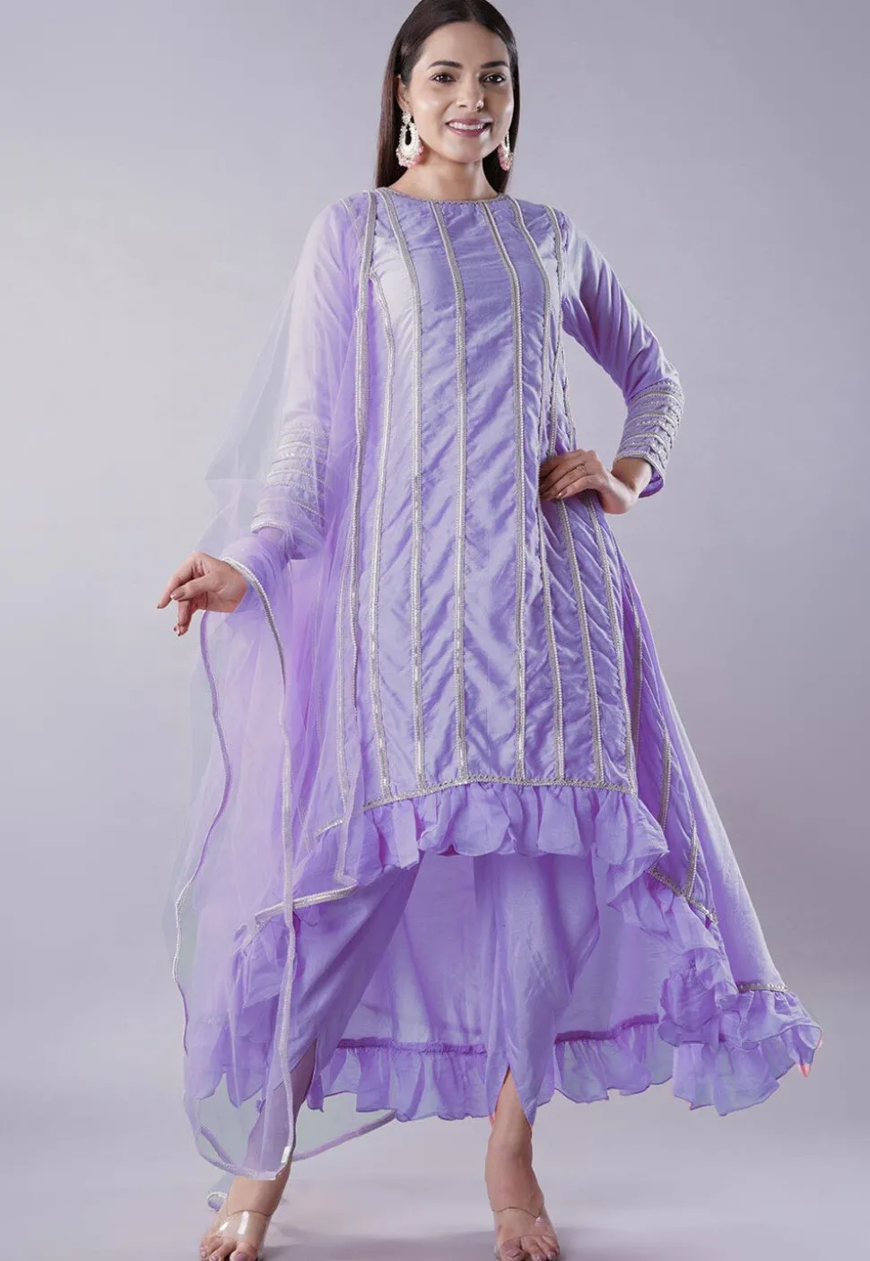 Ruffled Art Silk Asymmetric Punjabi Suit in Light Purple