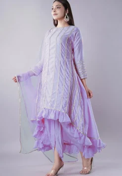 Ruffled Art Silk Asymmetric Punjabi Suit in Light Purple