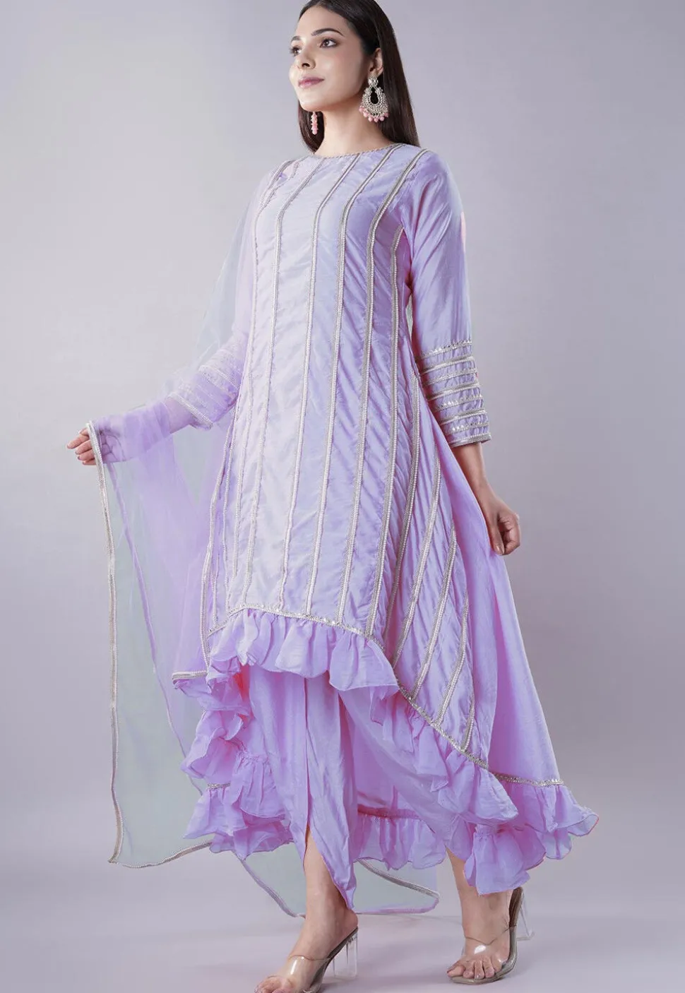 Ruffled Art Silk Asymmetric Punjabi Suit in Light Purple