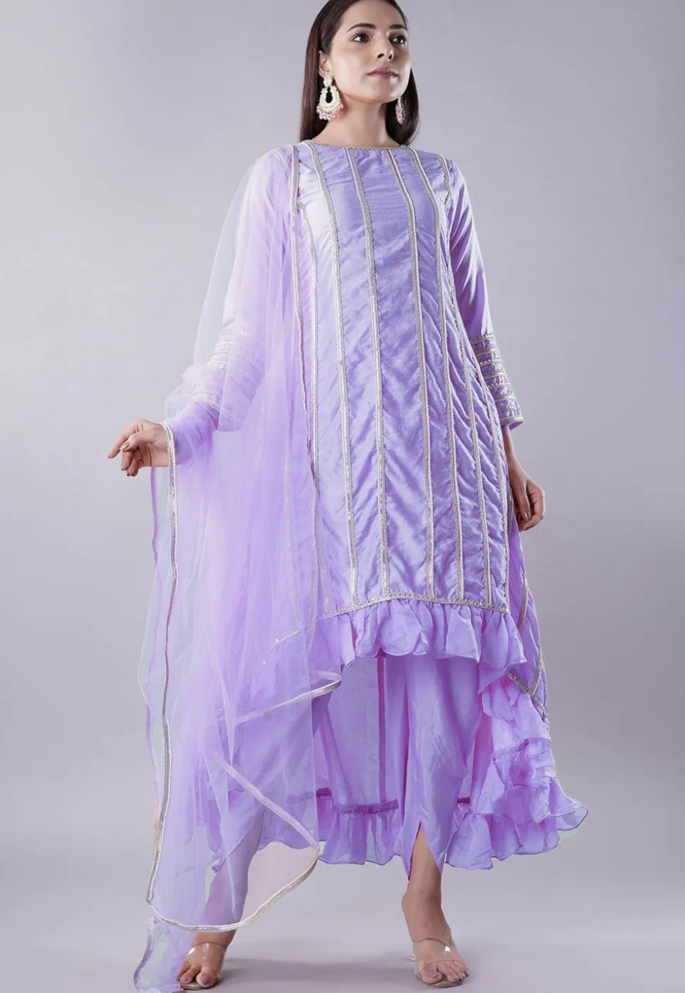 Ruffled Art Silk Asymmetric Punjabi Suit in Light Purple