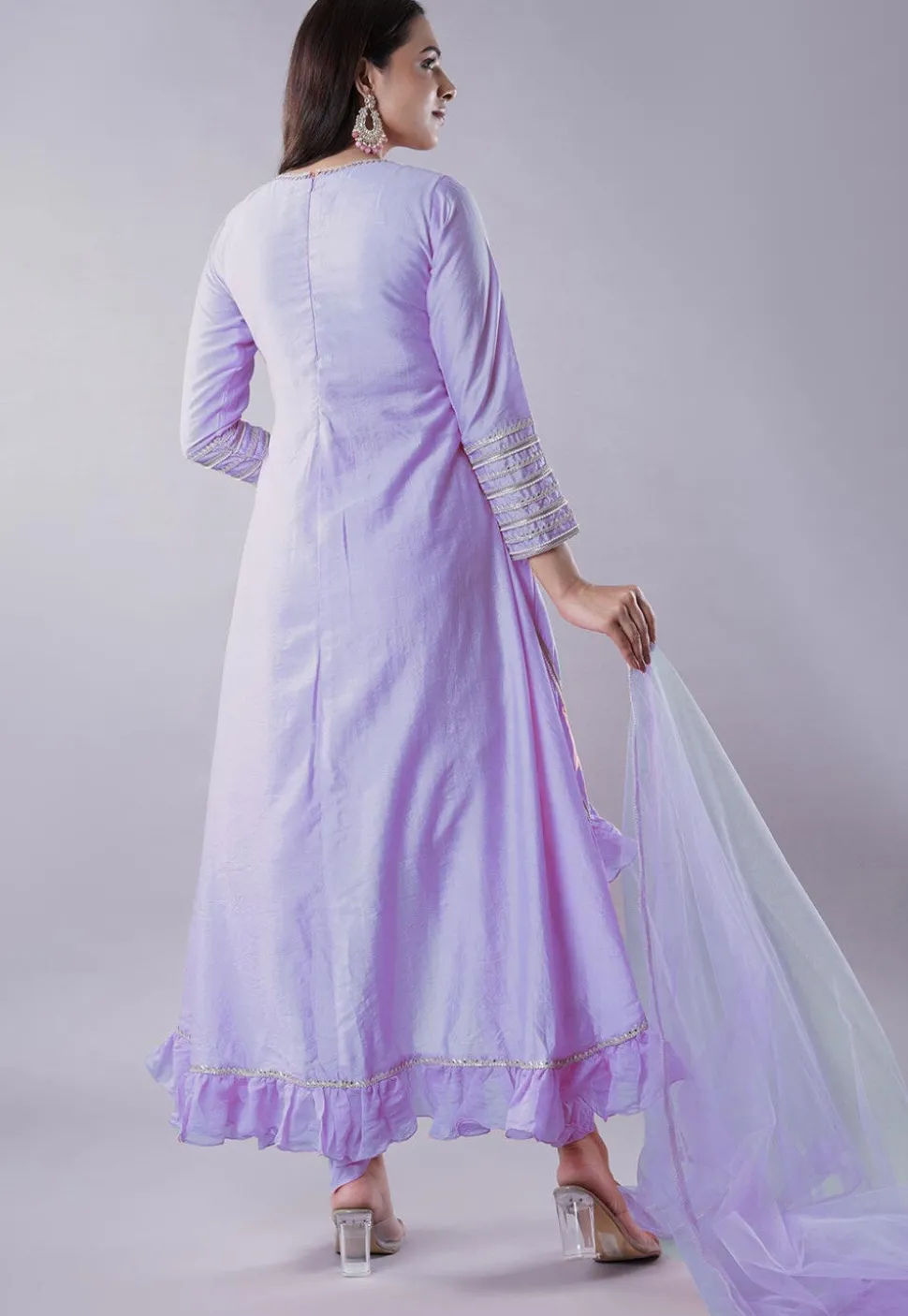 Ruffled Art Silk Asymmetric Punjabi Suit in Light Purple