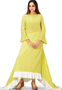 Ruffled Cotton Asymmetric Maxi Dress in Light Green